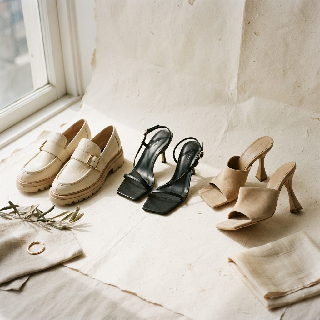 A styled flat-lay of three spring shoe trends on a warm paper backdrop